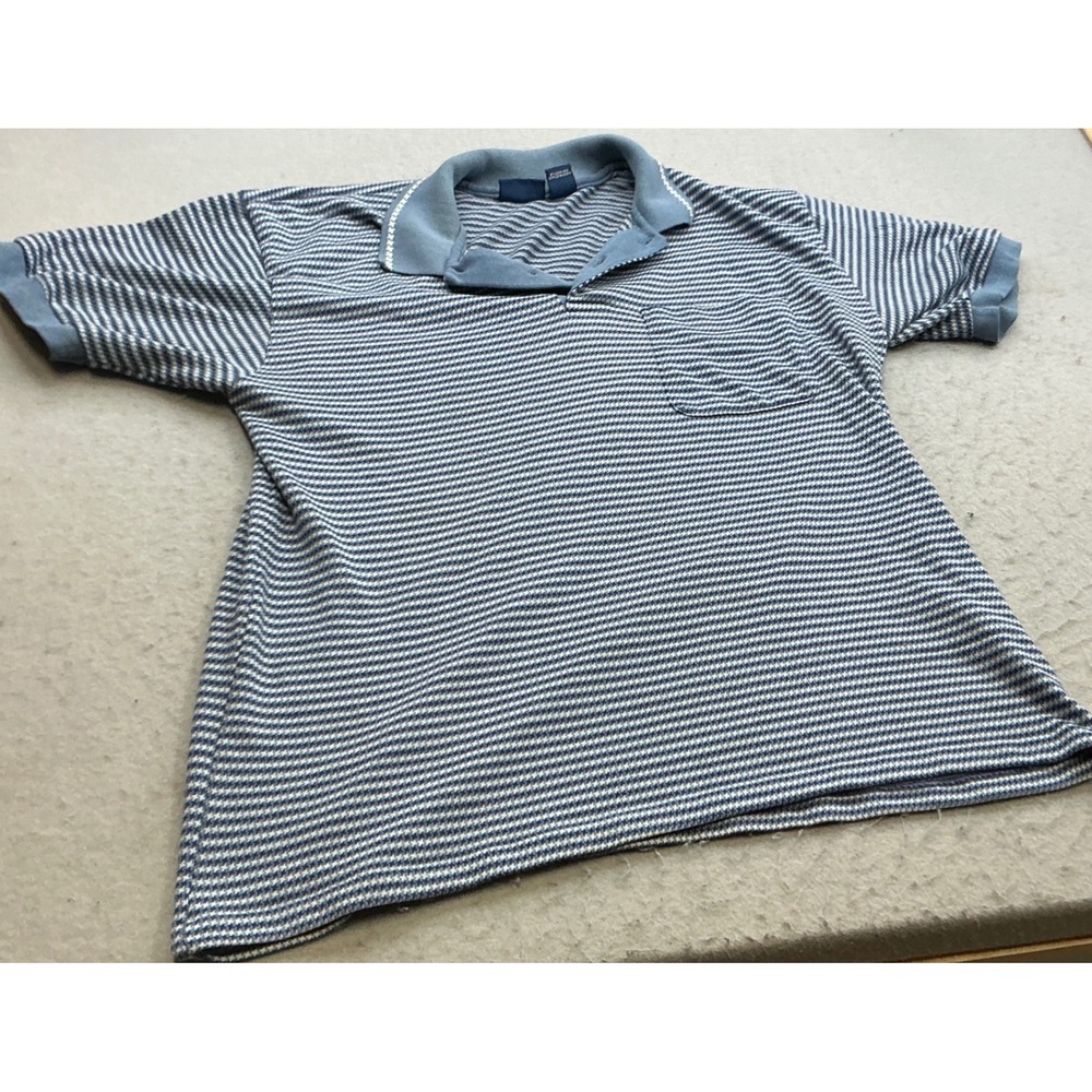 Vintage Par Four Blue White Striped Knit Polo Shirt Short Sleeve Chest Pocket L